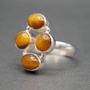 Artist Made Sterling Silver and Four-Stone Tiger's Eye Cabochon Ring Size 8.25"